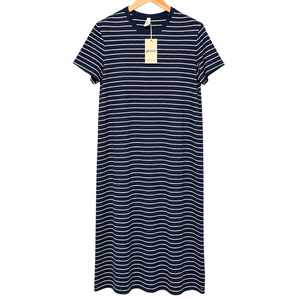 Pact Maxi Tee Dress Womens Size Large Blue White Stripe 100% Organic Cotton NWT